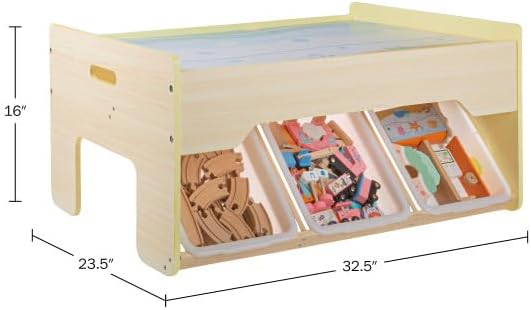 Wooden Train Set with Train Table - 63PC Play Set with Tracks, Vehicles, Buildings and Illustrated Ocean Train Table with Storage by Hey Play (Yellow)