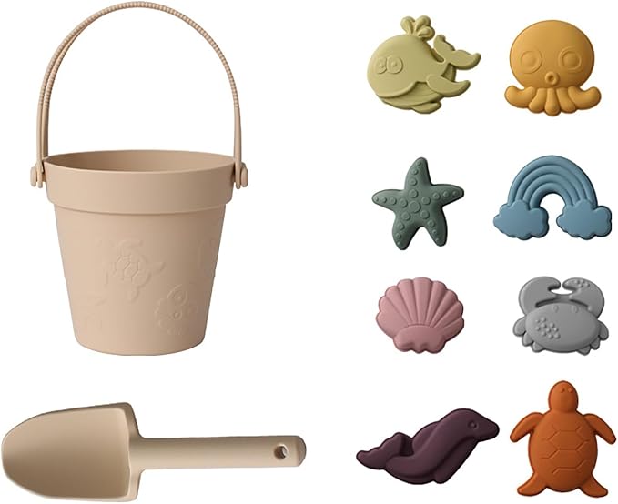 RoseFlower Silicone Sand Toys Set for Toddlers, Portable Travel Beach Sand Toys with Collapsible Bucket, Shovel, 8 Molds Dolphins, Starfish, Turtles & Mesh Storage Bag for Kids, Summer Gift-Beige