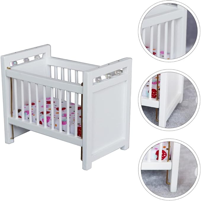 1:12 Scale Dollhouse Mini Crib: Wooden Baby Doll Crib for Dollhouse - Adorable Doll House Accessories and Furniture - Mini Baby Bed Cradle for Miniature Furniture 1 12 Scale 4.40 * 3.93 inches
