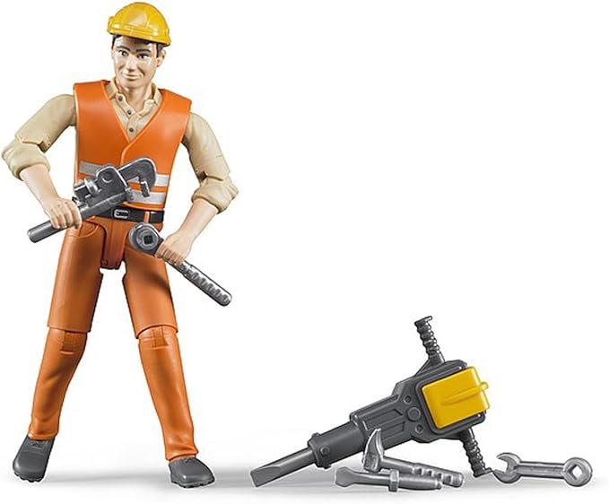 Bruder Construction Worker with Accessories | 1:16 scale Construction Worker, made in Germany by Bruder, ages 4+