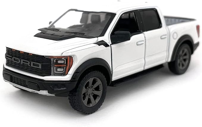 KiNSMART SetOf4 2022 Ford F-150 Raptor 5" 1:46 Scale Die Cast Model Toy Truck Black, White, Red, Blue