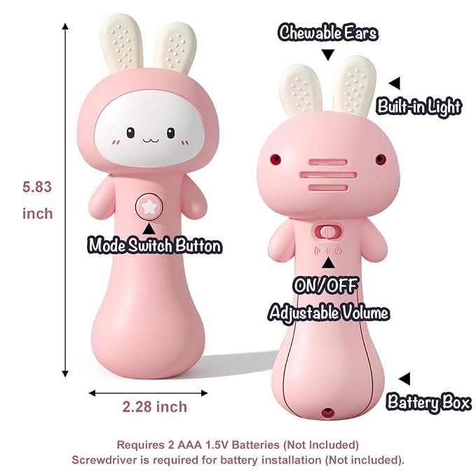VKTEN Bunny Baby Rattle Toy with Light & Sound – Interactive Teething & Sensory Toy – Ideal Easter Basket Stuffer for Baby 3-24 Months