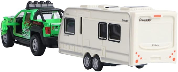 Pickup Truck Trailer Towing Toy Camper 2 in 1 Playset RV Motorhome Toys for Boys Diecast Model Car Metal Pull Back Toy Cars 1/36 Scale SUV Doors Open Light Sound Kids Birthday Gifts, Green