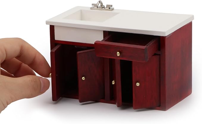 Dollhouse Furniture 1/12 Scale Miniature Sink Cabinet Wooden Bathroom Vanity Cabinet with Openable Drawer and Doors (Red)
