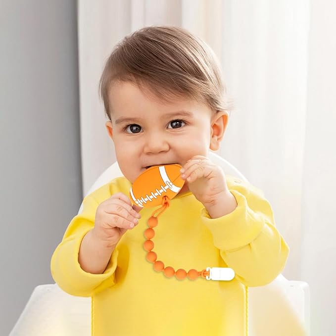 Baby Food Grade Silicone Sport Ball Teether Toy with Pacifier Clip Holder,Teething Pain Relief Toys Gift Set for 3 Months+ Boys and Girls,Freezer Safe,BPA Free. (American Football)