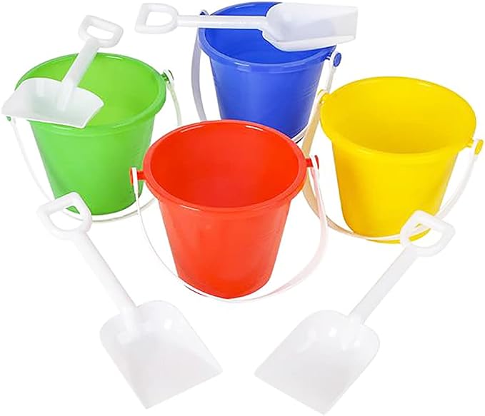 The Dreidel Company Beach Day Playsets (Pack of 6) 5.5" Sand Bucket Play Set Box Includes, 1 Pail, 1 Shovel Toy for Boys and Girls Birthday Party Favor