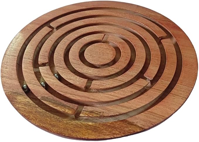 Ajuny Handcrafted Indian Wooden Round Labyrinth Ball Maze Puzzle Board Game Challenging Education Game, Brain Teaser for Kids, Adults