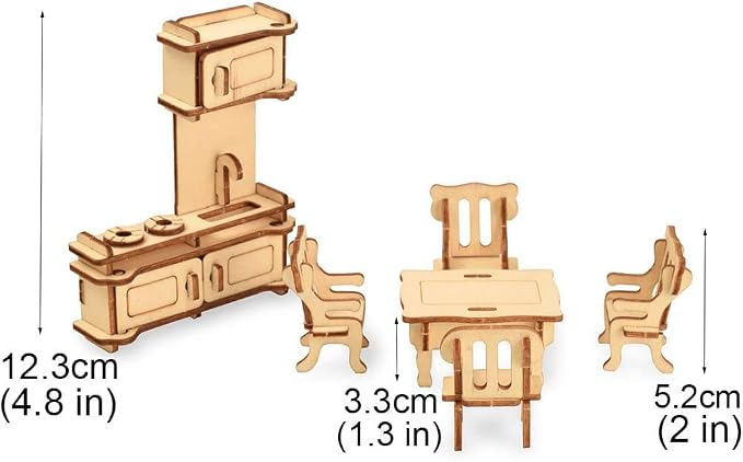BOHS 34-Piece Dollhouse Furniture Set -1/24 Scale, Laser Cut Wooden 3D Puzzles - Miniature Doll House DIY Models and Accessories