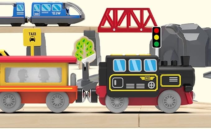 TOPLIVING Battery Operated Locomotive Train for Wooden Track, Remote Control Train with Magnetic Connection, Motorized Trains for Toddlers, Compatible with Thomas, Brio, Chuggington