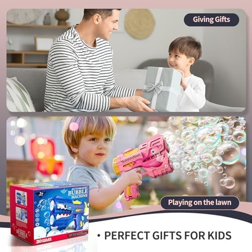 Rechargeable Pink Dolphin Bubble Guns for Kids, LED Light Up Bubble Machine Blower with Bubble Refill Solution for Kids, Bubble Makers Blaster for Toddlers, Summer Wedding Toys Gift