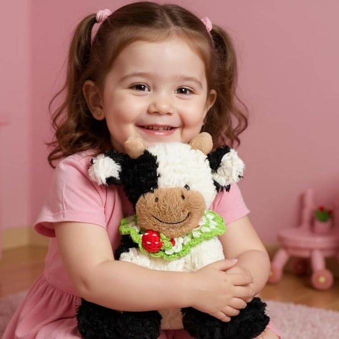 Hopearl Adorable Plush Cow Toy with Knitted Cute Strawberry Bib Floppy Dairy Cattle Soft Kawaii Stuffed Animal Gift for Boys Girls Kids Toddlers, 9''