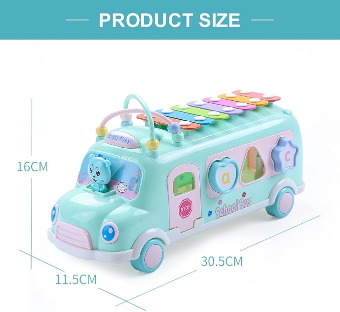 5-in-1 Baby School Bus Xylophone Toys for 1 Year Old Girl Gifts, Educational Toddler Toys , 1st Birthday Gril Gift, Toddlers Montessori Musical Baby Bus with Shape Sorter & Knock Hammer