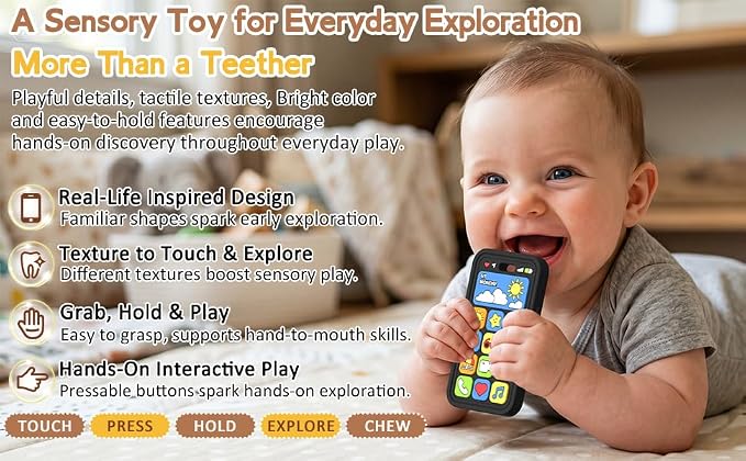 Baby Teething Toys Silicone Baby Phone Teether Over 3 Months - Sensory Chew Toys Baby Teether for Teething Relief - BPA Free Infant Toys Baby Shower Gifts (1, Black)