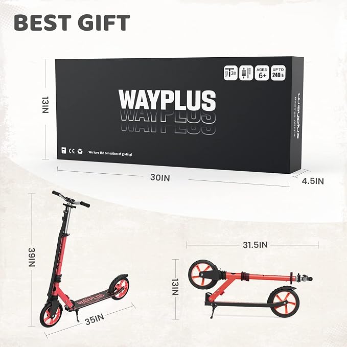 WAYPLUS KS1 Kick Scooter for Ages 6+,Kid, Teens & Adults. Max Load 240 LBS. Foldable, Lightweight, 8IN Big Wheels for Kids, Teen and Adults, 4 Adjustable Levels. Bearing ABEC9 FED Fitness
