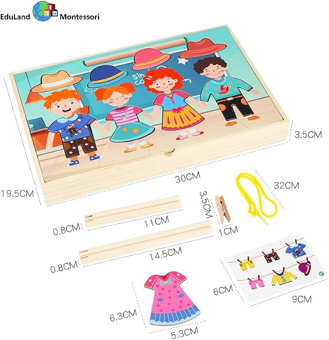 Montessori Practical Life Clothes Hanging Job, Laundry Activity Set with Rope Strings, Clothespins & Dress-Up Air Drying Game Airing Clothes for Toddlers Kids Ages 2-6, Classroom Educational Toy Gift