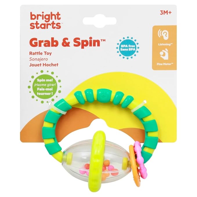 Bright Starts Grab & Spin Baby Rattle & BPA-Free Teether Toy, Ages 3 Months+ 1 Count (Pack of 2)