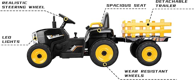 TOBBI Kids Electric Ride On Toy Tractor, Toddlers 12V Battery-Powered Car to Drive, 35W Dual Motor 6-Wheels Trailer Vehicle with 3-Speeds/LED & Horn Functions for Chirdren Aged 3-8-Black