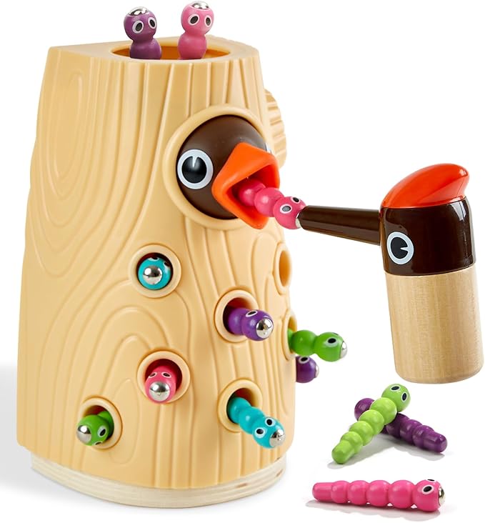 TOP BRIGHT Montessori Toys for 2 Year Old Girl Boy, Fine Motor Skills Toddler Sensory Toys Age 2-4, Woodpecker Worm Toy Magnetic Bird Feeding Game