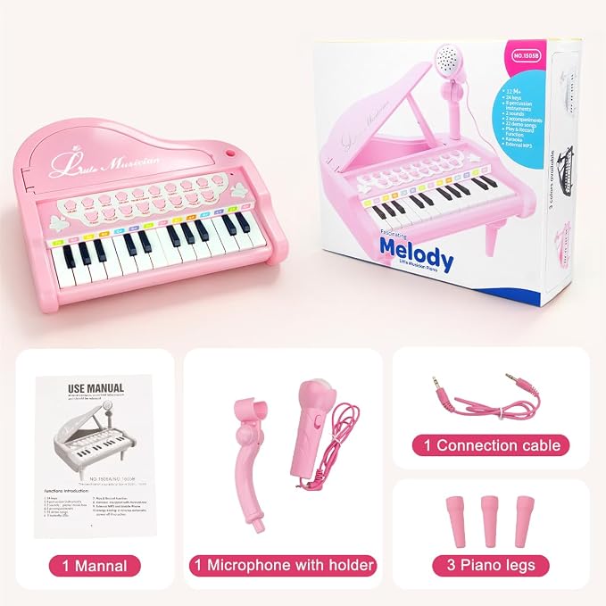 Love&Mini Pink Piano Toys for 1+Years Old Girls First Birthday Gifts Toddler Piano Music Toy Instruments with 24 Keys and Microphone