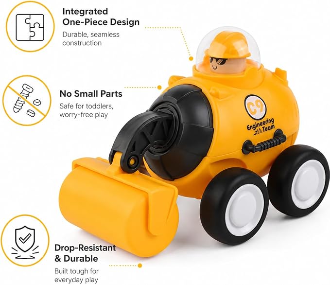 Press and Go Construction Truck Toys, 4 Pack Vehicles for Toddlers | Includes 4 yellow construction vehicles; movable front arm; for sandbox, floor play, and gift moments.