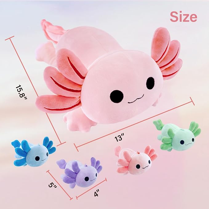 Axolotl Plush,Cute Axolotl Mommy Stuffed Animal with 4 Baby Axolotl Plushies in Tummy,Kawaii Axolotl Plush Toy Gift for Kids Girls Boys