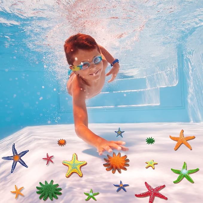 YUJUN 16 Pieces Big Diving Pool Toys, Beach Colorful Starfish Summer Swimming Underwater Pool Toys Soft Rubber Dive Throw for Kids Birthday Swimming Pool Party Favors Fish Tank Stuffer (2 Sizes)