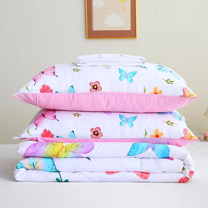 Wajade 7 Piece Butterfly Comforter Set for Girls Kids Cute Colorful Butterfly Flowers Floral Bedding Set Full Size with Sheet and 2 Pillowcases 2 Pillow Shams Bed in a Bag as Birthday Choice