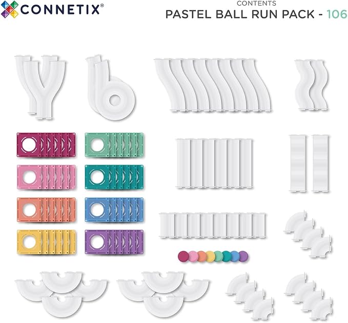 CONNETIX Magnetic Tiles Pastel Ball Run Pack, 106 Pieces