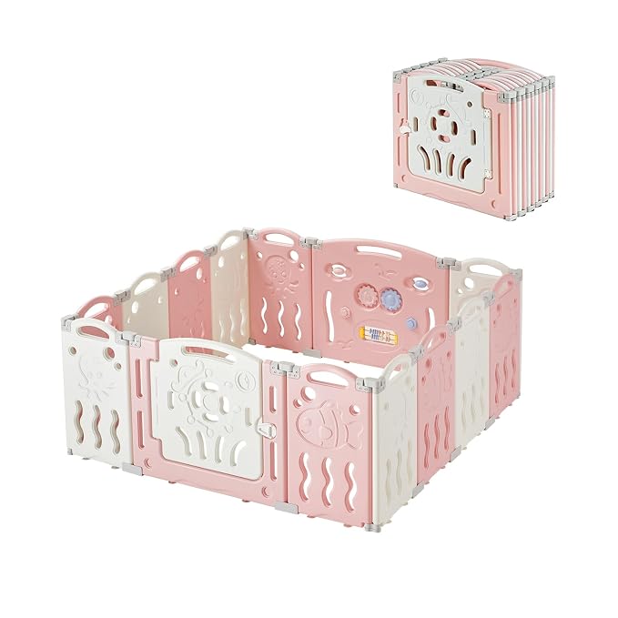 Albott Baby Playpen, Upgraded 14 Panels Foldable Baby Fence with Game Panel and Safety Gate, Adjustable Shape, Portable Play Yards for Children Toddlers Indoors or Outdoors (Pink+White,14 Panel)