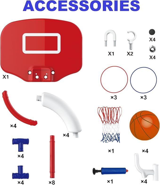 2-in-1 Floating Pool Basketball Hoop, Stable Water Basketball Hoop with Backboard, Basketball Hoop & Ring Toss Pool Games, Summer Fun & Outdoor Family Birthday Pool Toys for Kids & Adults