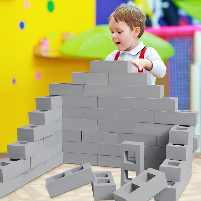 Deekin Foam Brick Building Blocks for Kids Thick Blocks Foam Large Fake Brick Construction Toy for Stacking Construction Gifts, 8 x 4 x 2.4 in(40 Pcs,Square Holes)