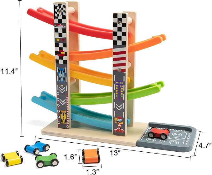 WOOD CITY Wooden Car Ramp Racer Toy Vehicle Set with 5 Mini Cars & Race Tracks, Toddler Toys Montessori Cars Toys Birthday Gift for Kids Boys and Girls