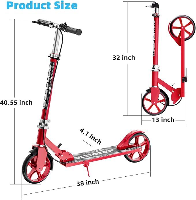 Scooters for Kids 8-12, Teens & Adults - Lightweight, Foldable, 8-Inch Big Wheels, Hand Brake & Bell, 4 Adjustable Height Levels, 240 lbs Max Load, Perfect for School, Campus and Park Rides