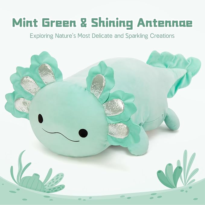 BENINY Large Axolotl Plush Toy, 39" Giant Mint Axolotl Stuffed Animal Plush, Big Huggable Toys Gift for Girls Kids, Long Squishy Pillow for Holiday Birthday Christmas