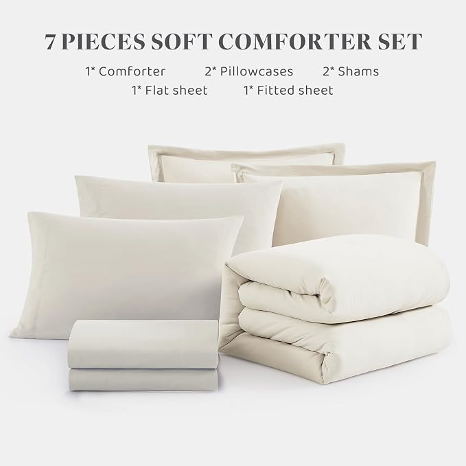 WRENSONGE Queen Comforter Set - 7 Pieces White Soft Bed in a Bag Queen with Fitted Sheet, Flat Sheet, 2 Pillow Shams, and 2 Pillowcases- Warm Bedding Sets for All Season