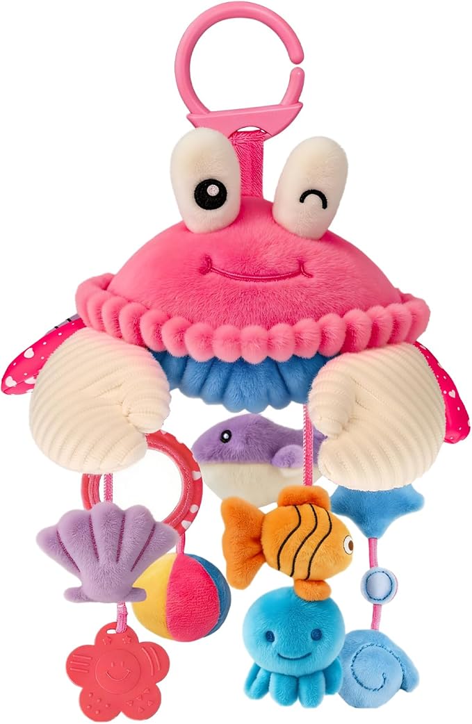 Car Seat Toys for Babies 0-6 Months, Hanging Sensory Crab Plush Toy for Stroller, Crib & Play Gym, Montessori Infant Activity Toy with Mirror, Rattle & Teether, Newborn Baby Gifts 0-12 Months (Pink)
