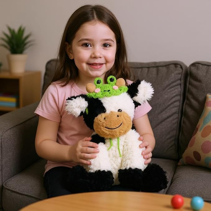 Hopearl Adorable Plush Cow Toy with Cute Tiny Knitted Frog Hat Floppy Dairy Cattle Soft Kawaii Stuffed Animal Birthday Holiday Gift for Boys Girls Kids Toddlers, 9''