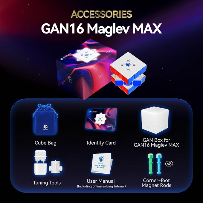 GAN 16 Maglev MAX Speed Cube 3x3 Magnetic, Power Stability Handfeel Max Professional Speedcube, Brain Teaser Puzzle Fidget Toy for Kids Adults, 2025 Pinnacle Flagship UV Version GAN16, 56mm