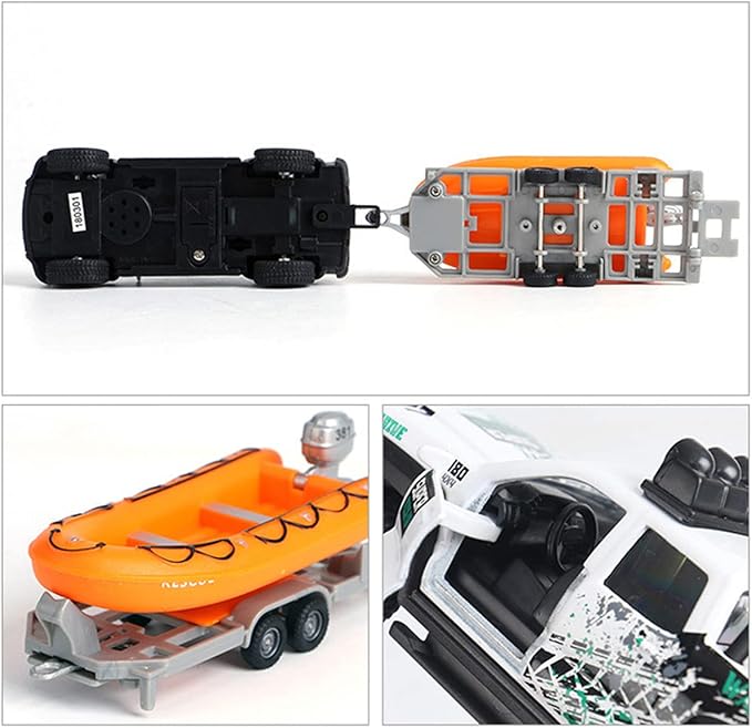 Pickup Truck Trailer Towing Speed Boat 2 in 1 Playset Diecast Model Car Metal Pull Back Toy Cars 1/36 SUV Vehicle Outdoor Sandbox Adventure Play Set Doors Open Light Sound Boys Toys Kids Gifts