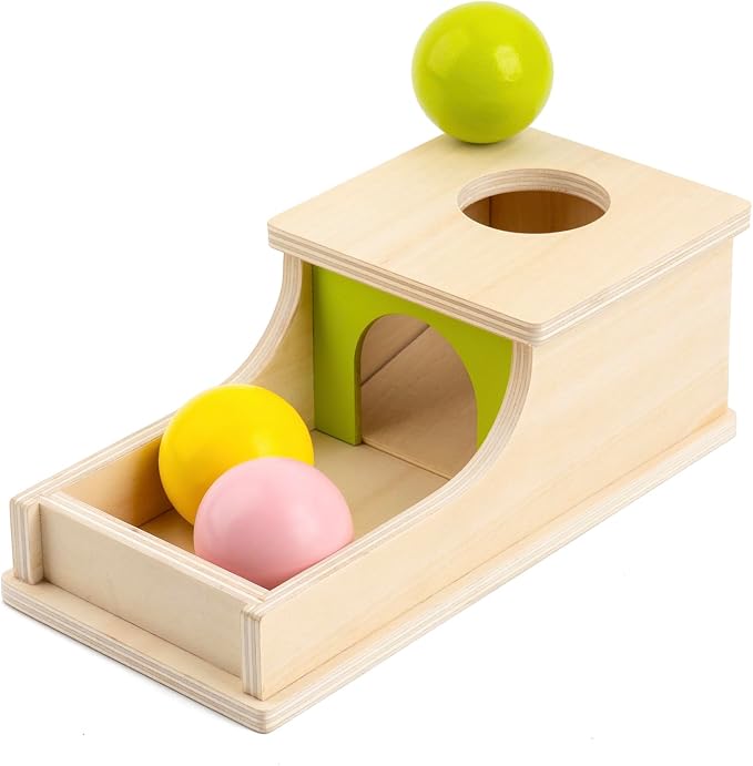 Montessori Toys for 6 Month Old, Wooden Object Permanence Box with Tray Three Balls, 8 Month Old Baby Toys, Preschool Infant Toys 6-12 Months Developmental, Cause and Effect Ball Drop Toy