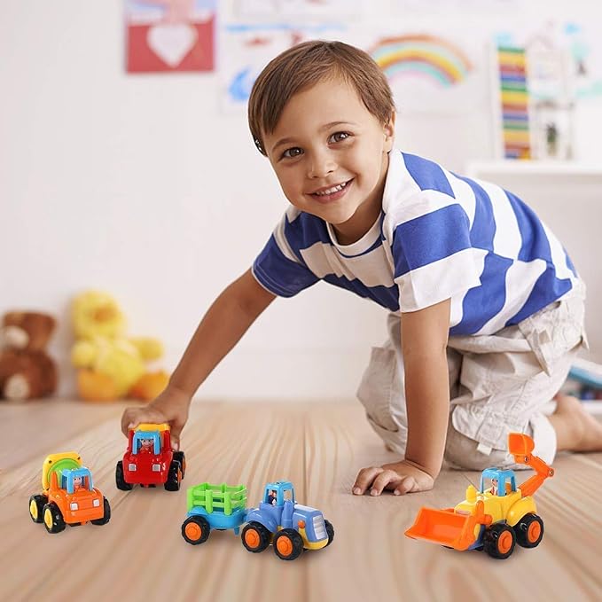Coogam 4 Pack Friction Powered Cars Construction Vehicles Toy Set Cartoon Push and Go Car Tractor, Bulldozer, Cement Mixer Truck, Dumper for Year Old Boy Girl Kid Gift