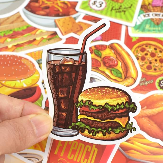 QTL Food Stickers for Kids, Cute Food Party Supplies, Waterproof Vinyl Stickers for Water Bottles and Laptop, 50PCS