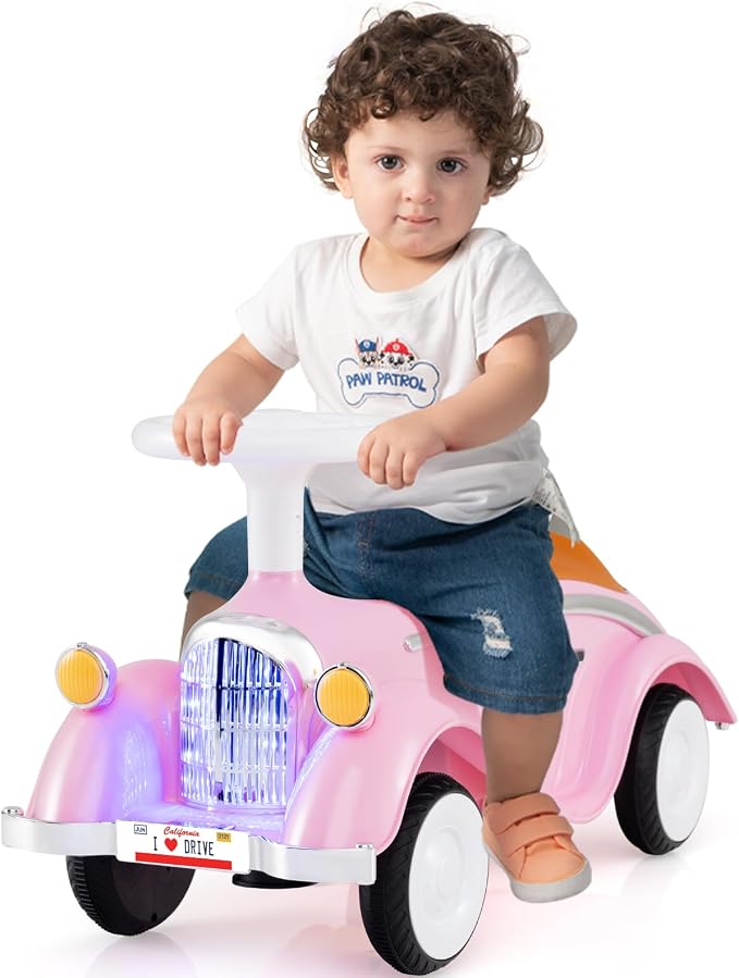 Costzon Toddler Ride On Toy, Classic Foot to Floor Sliding Car w/Steering Wheel, Horn, Headlights & Under Seat Storage, Kids Push Ride-Ons, Retro Baby Ride On Toys for Boys Girls 19-36 Months (Pink)