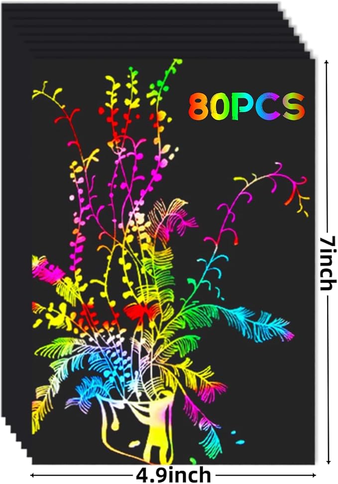 Cityrosy 80 Pcs Scratch Art Paper Rainbow Sets -Black Scratch Off Paper Easter Gifts for Kids Magic Rainbow Scratch Off Set Crafts Supplies Kits for Age 3-12 Kids for Party Games Easter Christmas