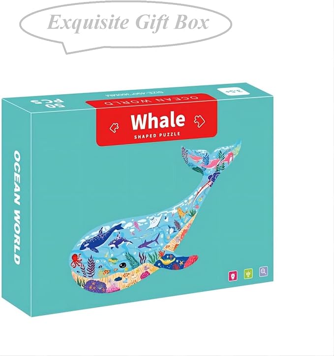 PINU Jigsaw Puzzles for Kids Ages 3-5, 6-8, 8-10, Children Colorful Fun Animal Shaped Puzzle Learning Educational Toys Gifts Games for Boys and Girls (Whale-50 PCS)