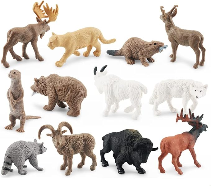 NatureMan North American Animals Set 12PCS Mini Wild Animals Figurines Set cludes Moose Raccoon Cougar, Wolf, Beaver for Children Educational Toy Cake Toppers