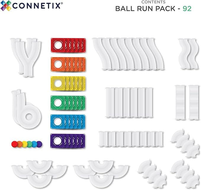 CONNETIX Magnetic Tiles Rainbow Ball Run Pack, 92 Pieces