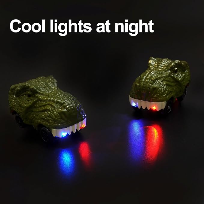 2-Pack Dinosaur Track Car Toy for Kids - Best Birthday Gifts for 3 4 5 6 7 Year Old Boys, LED Light-Up Dino Track Cars, Compatible with Most Dinosaur Race Track Sets
