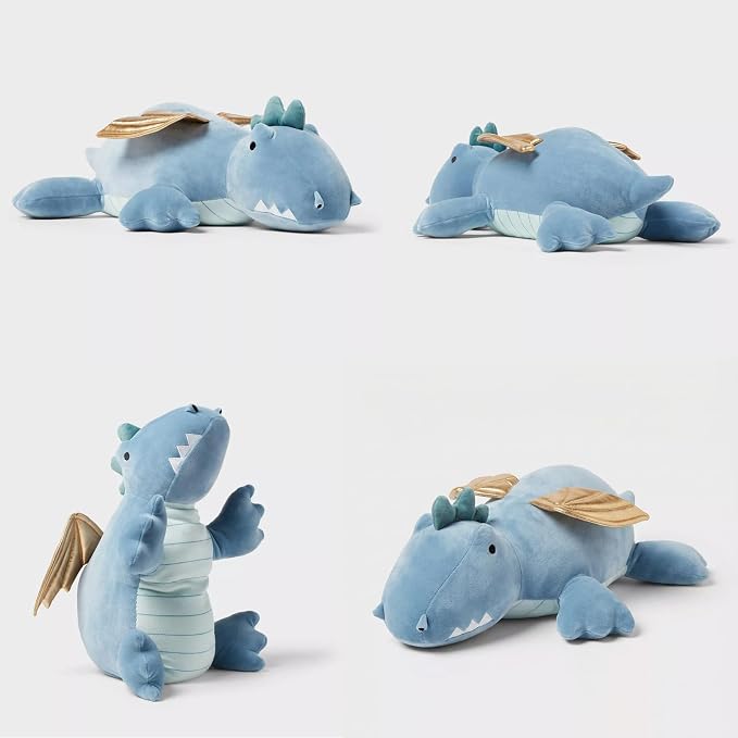 OSOCUĀ® Microwavable Heating Pad Blue Winged Dragon Plush - 1.4 Lb Weighted Stuffed Animal Toy with Tourmaline Beads & Lavender - 16" Squished Long Dinosaur Pillow - Lumbar Back Cushion Lasting Warmth