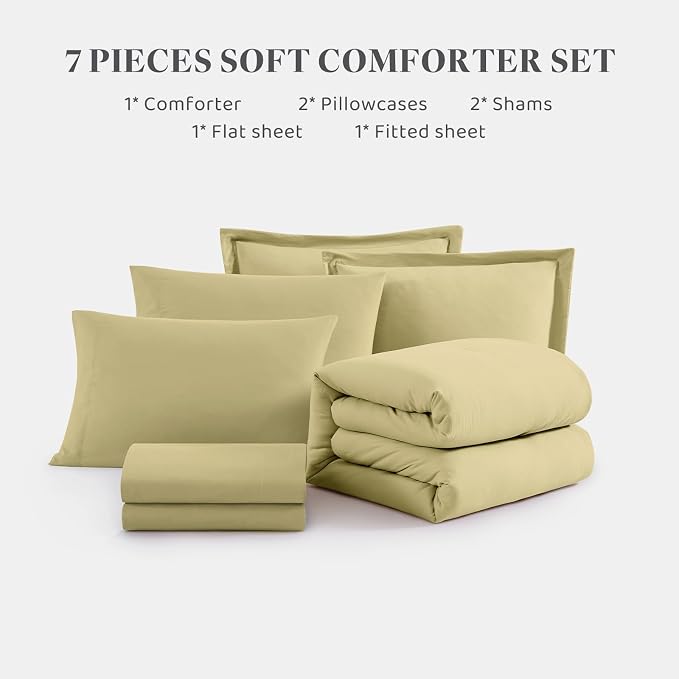 WRENSONGE Queen Comforter Set - 7 Pieces Hemp Soft Bed in a Bag Queen with Fitted Sheet, Flat Sheet, 2 Pillow Shams, and 2 Pillowcases- Warm Bedding Sets for All Season